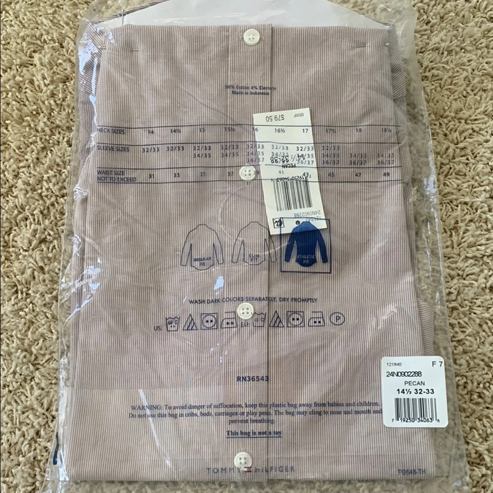 Tommy Hilfiger Tan and White Dress Shirt Classic Style athletic fit  14.5 32/33 - Picture 2 of 11